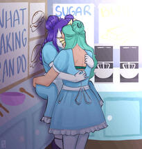 Art of Nixie kissing MamaNovaVT. Both are wearing diner waitress outfits, Nova is sitting on a counter in the diner while Nixie is boxing her in.