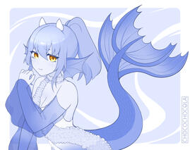 Monotone image of Nixie, the color is all blue except for the gold eyes.
