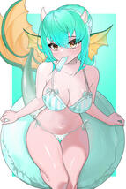 Image of Nixie sitting on a teal intertube, wearing a teal and white striped bikini and sucking on a popsicle.