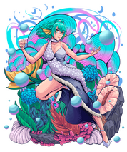 Nixie is in a fighting pose, surrounded by coral reef flora and fauna.